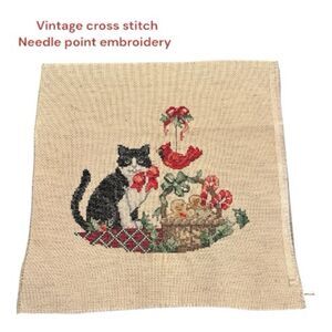 Vintage crossstitch Cat at Christmas needle point Embroidered cross-stitch